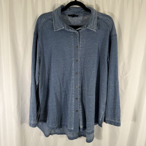 Jane Delancey Blouse Women's 1X Blue Button Up Long Sleeve Lightweight Collared - Picture 1 of 10